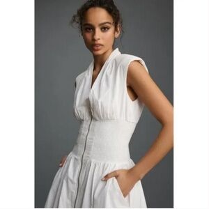 Anthropologie The Tommie Cap-Sleeve Smocked Front-Zip Shirt Dress White L